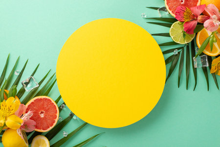 Summer fruit feast concept. Top view flat lay of lively alstroemeria flowers with ripe orange slices, grapefruit, lime, and lemon green palm leaves on pastel teal background with empty circle for textの写真素材