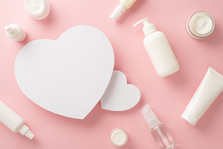 Top view flat lay is a stunning showcase of natural skincare concept, featuring elegant cream bottles, pump bottles, pipettes on pastel pink background with two empty hearts for branding or messagingの写真素材