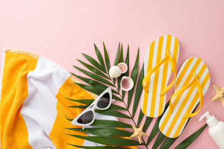 Summer beach holiday concept. Top view flat lay of yellow striped flip-flops, towel, green palm leaves, vintage sunglasses, seashells spf on pastel pink background with empty space for text or advertの写真素材