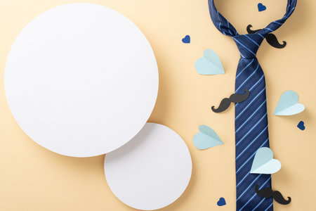 Elegant funny and creative Father's Day theme. Top view flat lay of necktie, mustaches, accessories,...