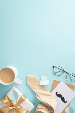 Surprise Dad with a Sleek Father's Day. Overhead vertical view of necktie, glasses, postal with mustaches, giftbox, envelope, coffee mug, men's accessories on pastel blue background a space for textの写真素材