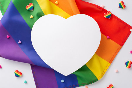 Top view flat lay of LGBT parade symbolic items, such as pin badges, heart-shaped trinkets, rainbow flag on a plain white background with an empty heart shaped card for text or advertisementの写真素材