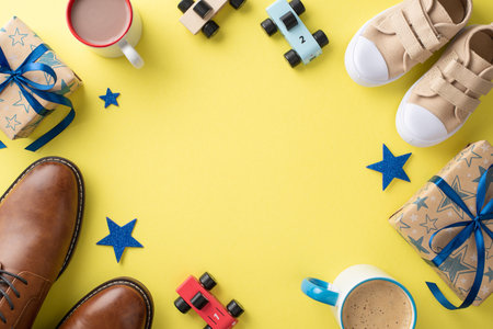 Little boy surprises Dad on Father's Day. Overhead shot of father's leather shoes, son's sneakers, stars, car toys, mugs of cocoa, and gift box on yellow background with frame for text or advertisingの写真素材