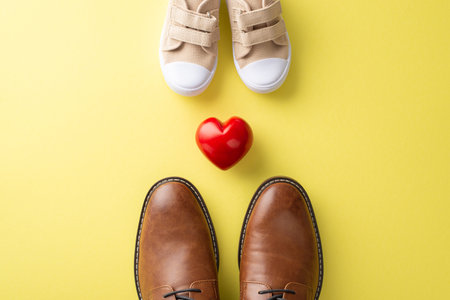 Son surprises Dad on Father's Day. Top view of father's leather shoes, son's small sneakers and heart between them on yellow backdropの写真素材
