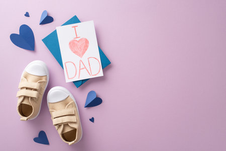 Heartfelt tribute from a little son to his dad on Father's Day. Top view featuring baby's tiny sneakers, heart-themed items, handwritten greeting postcard on lilac background with space for text or adの写真素材