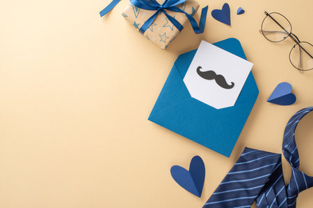 Father's Day is the perfect time to showcase a top view of hearts, glasses, blue necktie, open...