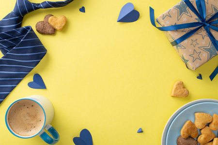 Father's Day gift idea: Top view of homemade dessert, coffee, hearts, blue necktie, and craft paper giftbox on yellow background with frame for text or promoの写真素材