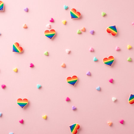 LGBTQ+ support square concepts represented by rainbow-colored parade accessories such as heart pin badges viewed from above on a pastel pink backgroundの写真素材