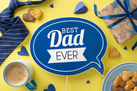 Father's Day breakfast made with care by son: top view homemade cookies, greeting plaque, cup of hot drinking, hearts, necktie, and giftbox on vivid yellow backgroundの写真素材
