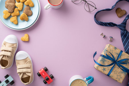 Father's Day breakfast made with love by little son: top view homemade cookies, drink, tiny sneakers, car toys, tie, cufflinks, glasses, giftbox on lilac background with empty frame for text or advertの写真素材