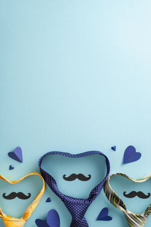 Playful inspiration for Father's Day festivities. Vertical top view capturing heart-shaped neckties, and whimsical mustaches against a pastel blue background, accompanied by space for text or advertの写真素材