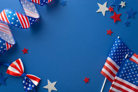 Top view vibrant assortment of bow-tie, serpentine, stars, flagpole takes center stage on blue...