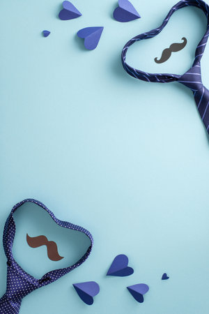 Hilarious Father's Day celebration concept. Overhead vertical shot of playful accessories, heart-shaped neckties, and comical mustaches on a pastel blue backdrop, featuring blank space for text or adの写真素材