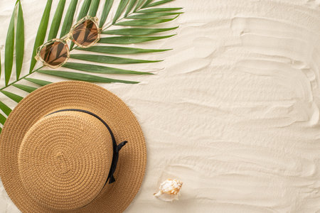 From above, the essence of summer lounging. Top view of stylish sunglasses, sunhat, seashell, and palm leaves on the sandy shore. An empty space provides room for custom text or promotional purposesの写真素材