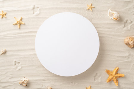 A top view of summer lounging. Seashells, starfish on the sandy shoreline. The vacant circle awaits personalized messages or advertsの写真素材