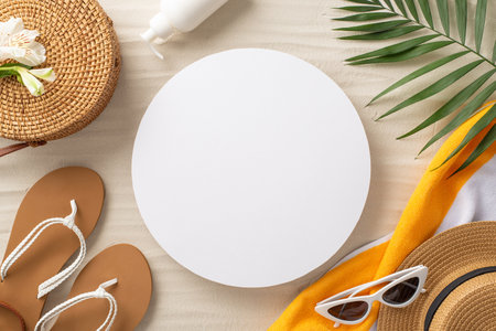Beachside relaxation. Accessories laid out from top view: sunglasses, hat, rattan bag, sandals, sunscreen bottle, towel, alstroemeria, palm leaves. Sandy beach scene with empty circle for text or adsの写真素材