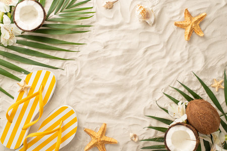 Embark on visual adventure into essence of summer with this captivating overhead arrangement: yellow flip-flops, shells, starfish, palm leaves, coconut, flowers on sandy shore, blank space for textの写真素材