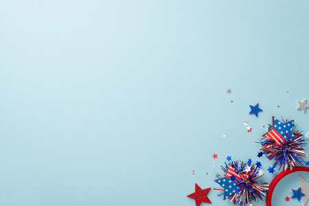 Symbolic party elements come together harmoniously, symbolizing celebration of Independence Day. Top view stars, confetti, headband on light blue backdrop with unoccupied space awaiting message or adの写真素材