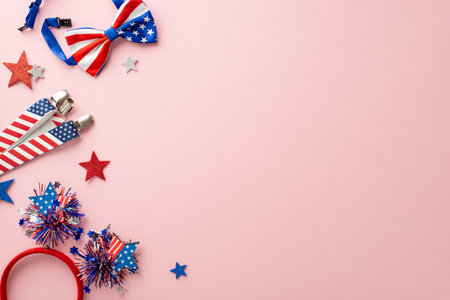 Dive into the Independence Day spirit! Top view at delightful arrangement of party supplies: glittering stars, headband, party suspenders, bow-tie on pastel pink backdrop with space for text or promoの写真素材