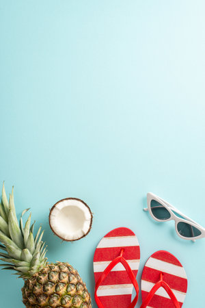 Immerse yourself in the spirit of summer with this stunning top vertical view flat lay. Uncover a coconut, flip-flops, sunglasses, pineapple on a pastel blue backdrop with copyspaceの写真素材