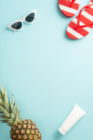 Indulge in the spirit of summer with stunning top vertical view flat lay. Uncover a pineapple, flip-flops, sunglasses, cream on a pastel blue backdrop with blank space for promotionの写真素材