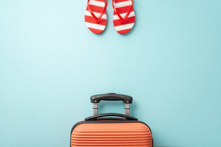 Let the vacation begin! Overhead view of an orange suitcase, red and white striped flip-flops on a pastel blue backdrop, featuring blank space for text or adsの写真素材