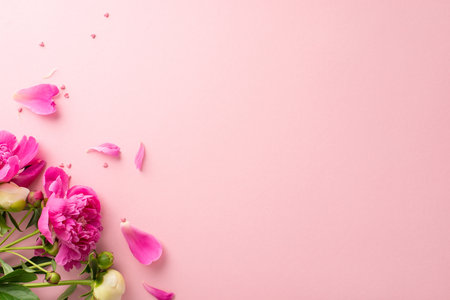 Peony bouquet concept. Above view photo of empty space with bright pink and white peony flowers,petals and buds with small confetti hearts on isolated pastel pink background with copy-spaceの写真素材