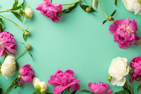beautiful peonies concept. Top view photo of pink and white peonies, buds and petals on isolated light teal background with copyspaceの写真素材