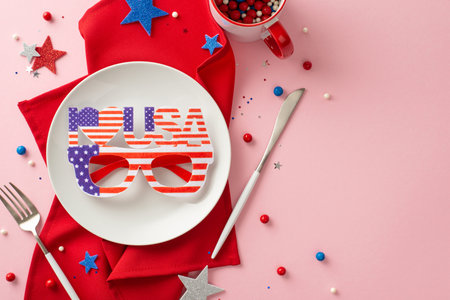 USA Independence Day gathering: Top view of table setting showcasing plate with party eyeglasses, cutlery, cup, napkin, stars, round sprinkles on pastel pink backgroundの写真素材