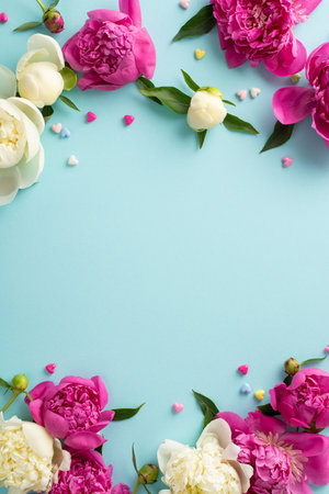 Spring peonies concept. Above view vertical photo of blank space surrounded by magenta and white peonies, buds and petals with confetti hearts on isolated light blue background with copy-spaceの写真素材