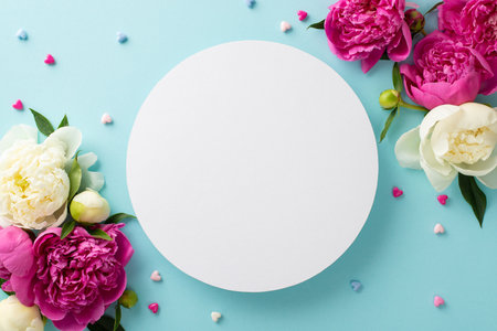 fresh flowers concept. Above view photo of empty circle surrounded by pink and white peonies and confetti hearts on isolated light blue background with copyspaceの写真素材