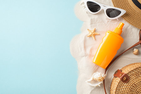 Embrace sun-safe vibe with top view sunscreen essentials: sunblock bottle, sunglasses, hat, shells,...