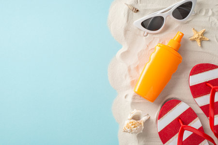 Embrace UV Safety: Top-down view of unbranded sunblock cream bottle, along with stylish sunglasses,...