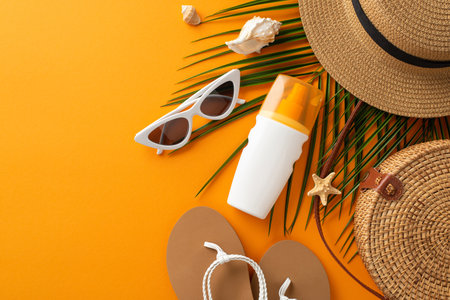 Ultraviolet protection on the beach concept. Top view photo of shells and palm leaves, straw hat,...