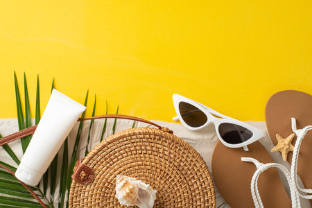 Dive into UV Safety: Embrace essence of UV Awareness Month with top view scene showcasing sunblock tube, glasses, handbag, sandals, shell, starfish, palm leaf against vivid yellow and sandy backdropの写真素材