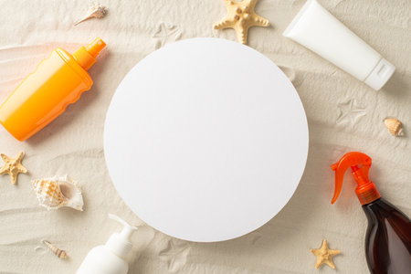 Ultraviolet Safety Month concept. Above view photo of empty round frame with sunscreen sprays, tubes...