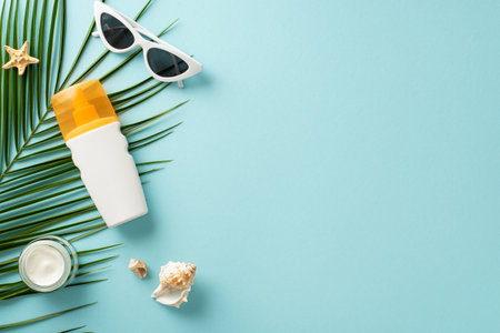Embrace the sun while staying protected. Top view of unlabeled sunblock lotion and SPF cream jar,...