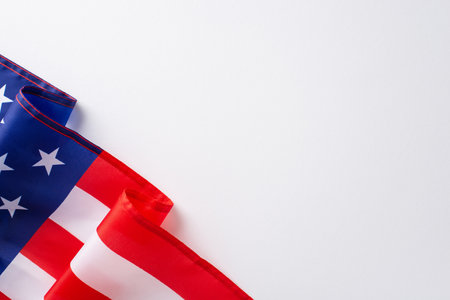 Public holiday in USA concept. High angle view photo of the flag of United States of America on white isolated background with copy-spaceの写真素材