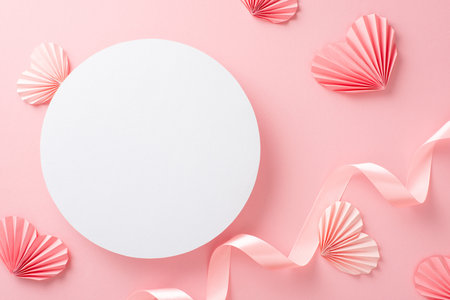 Top view photo of empty white circle with a pastel pink ribbon and paper origami hearts on an isolated light pink background with copyspaceの写真素材