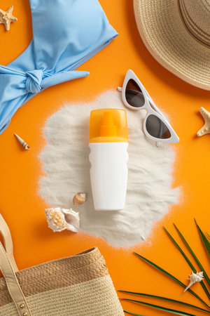UV Safety Awareness Month. Top view vertical photo of sun protection spray on the sand, marine shells and palm leaf, swimsuit top, straw bag and hat on orange isolated background with copy-spaceの写真素材