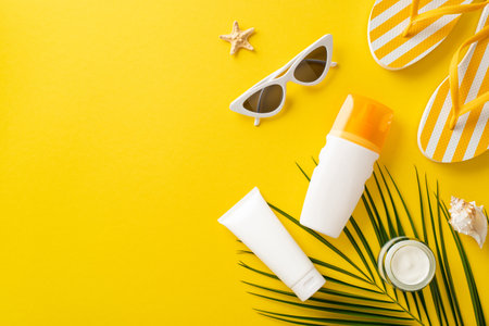 Sunbathing supplies concept. Top view arrangement showcasing sunscreen bottles without labels,...