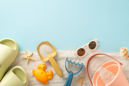 Dive into the perfect beach relaxation with children: Overhead shot capturing kids' sand toys, slippers, sunglasses and starfish on blue background with copyspace for advert or textの写真素材