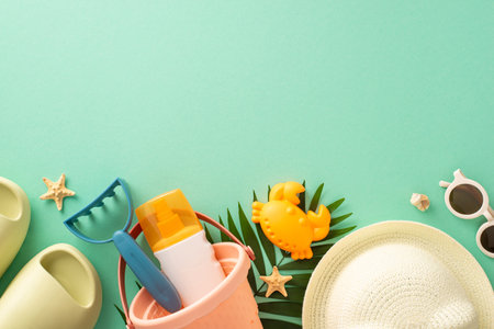 Dive into the perfect beach relaxation with children: Overhead shot capturing kids' sand toys,...
