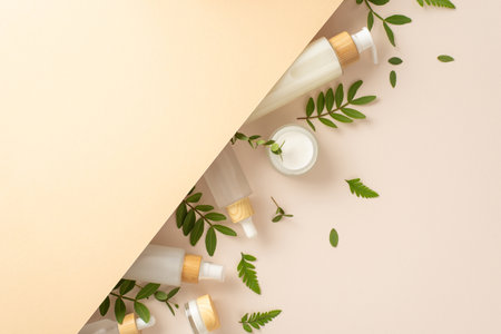 organic cosmetics concept. Above view photo of cosmetic jars, bottles with bracken and eucalyptus leaves around on isolated beige background made of two parts with copy-spaceの写真素材