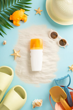 Top view photo highlighting the importance of sun protection on a vacation, featuring sunscreen, marine shells, sand toys, panama, slippers, sunglasses on pastel blue isolated backgroundの写真素材