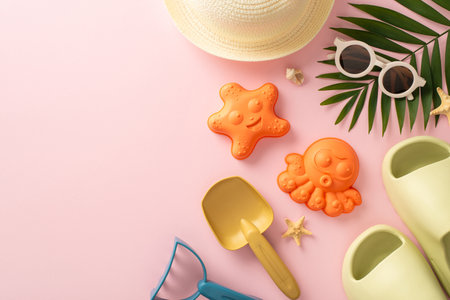 Adventure on a summer trip with children concept. Above view picture of marine shells, sand toys,...
