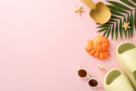 Joyous concept of summer retreat with children in this top view snapshot featuring kids' sand toys, seashells, slippers, sunglasses and palm leaf on a calming pink background with a copyspaceの写真素材
