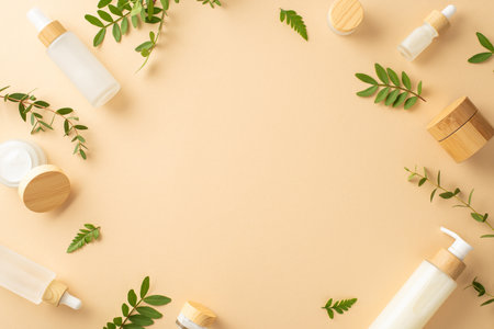 natural cosmetic products concept. High view photo of empty place surrounded by cosmetic containers, eucalyptus and fern foliage on isolated beige background with copy-spaceの写真素材