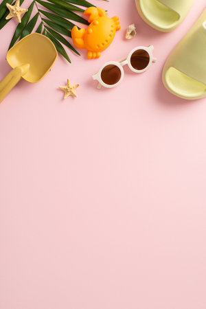 The tranquility of summer escape with children near the sea in top view vertical photo, showcasing marine shells, beach toys, slippers, sunglasses on pink backdrop with empty space for text or advertの写真素材