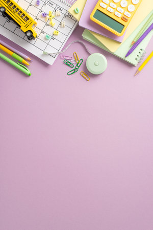 Embark on the educational process with this captivating top-view vertical photograph showcasing schedule, notepads and an array of stationery on isolated violet background. Personalize the copy-spaceの写真素材